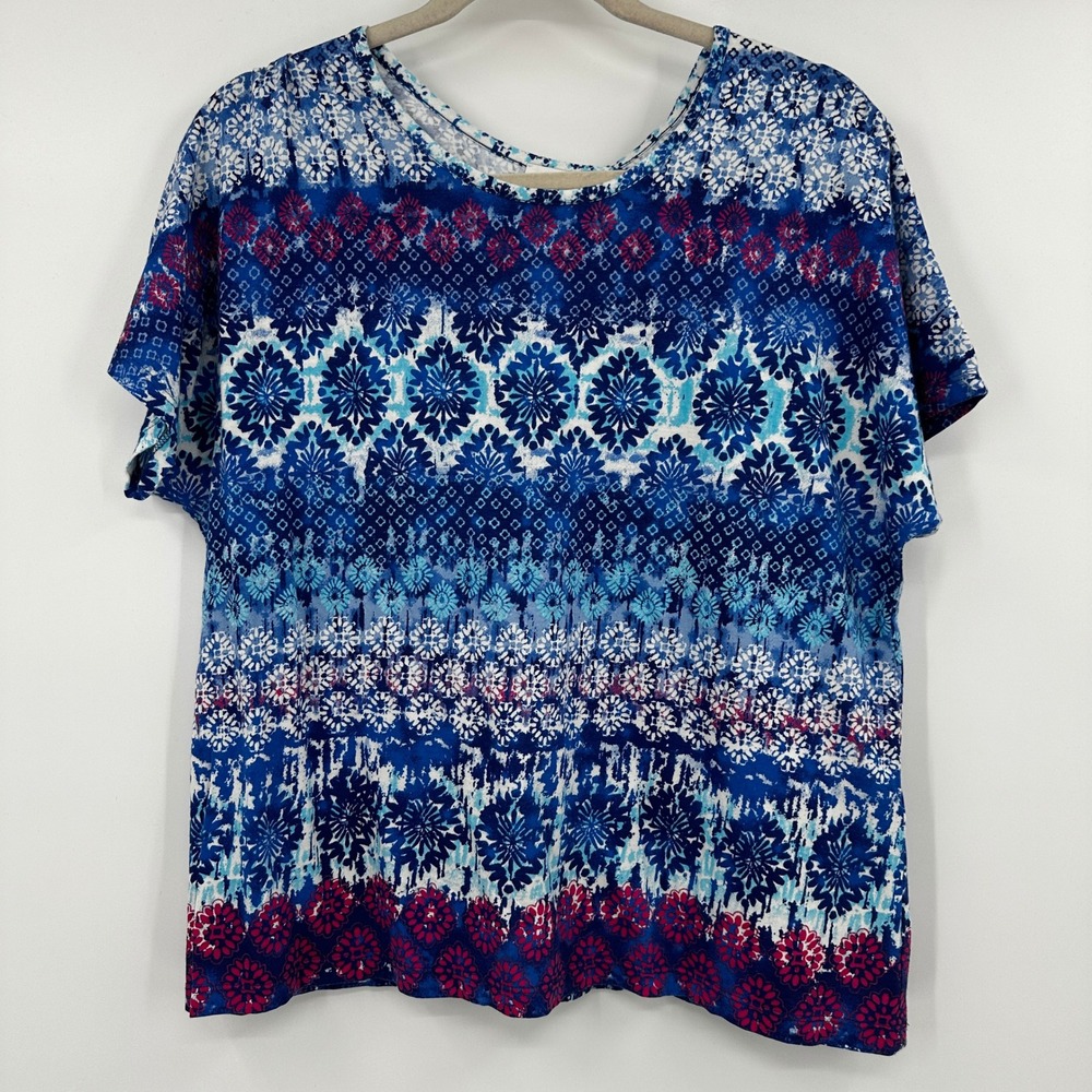 Weekends Chicos Blue Pink Medallion Tile Print Crossover Back Short Top Large
